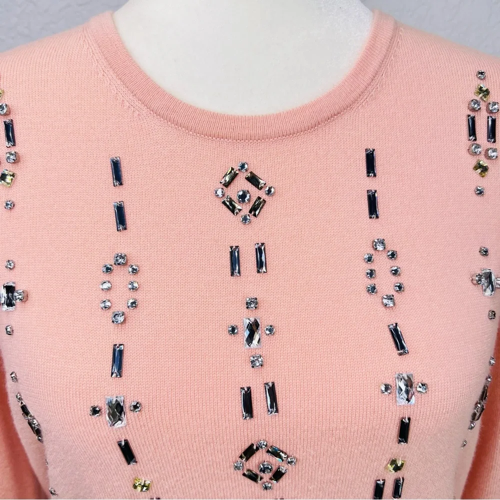 Ann Taylor Blush Pink Gemstone Embellished Wool Blend Knit Crew Neck Sweater